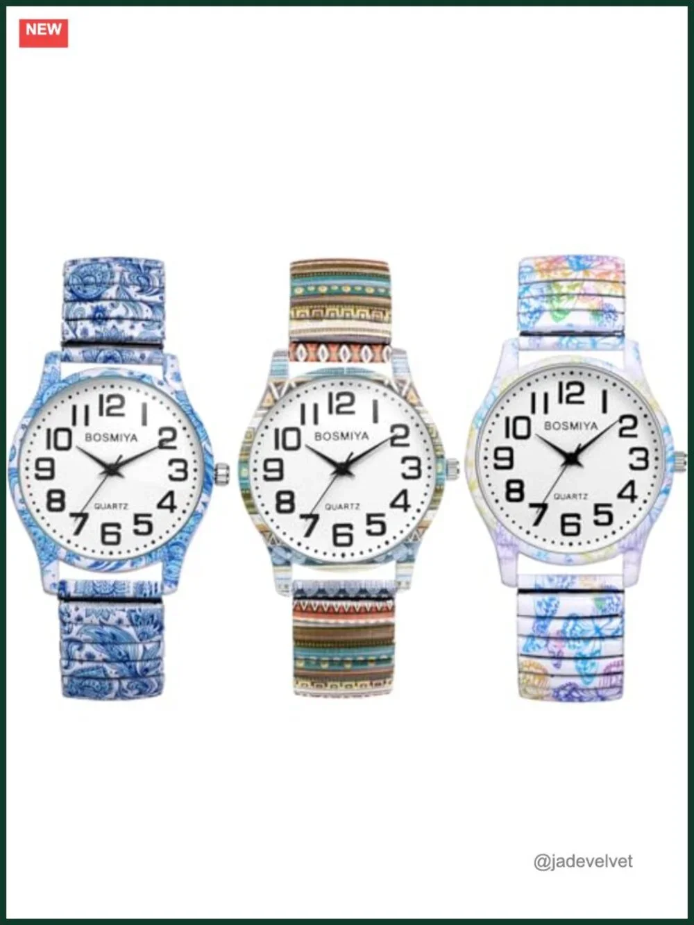 Boho Printed Elastic Stretch Band Bangle Wrist Watch for Women Easy Reader